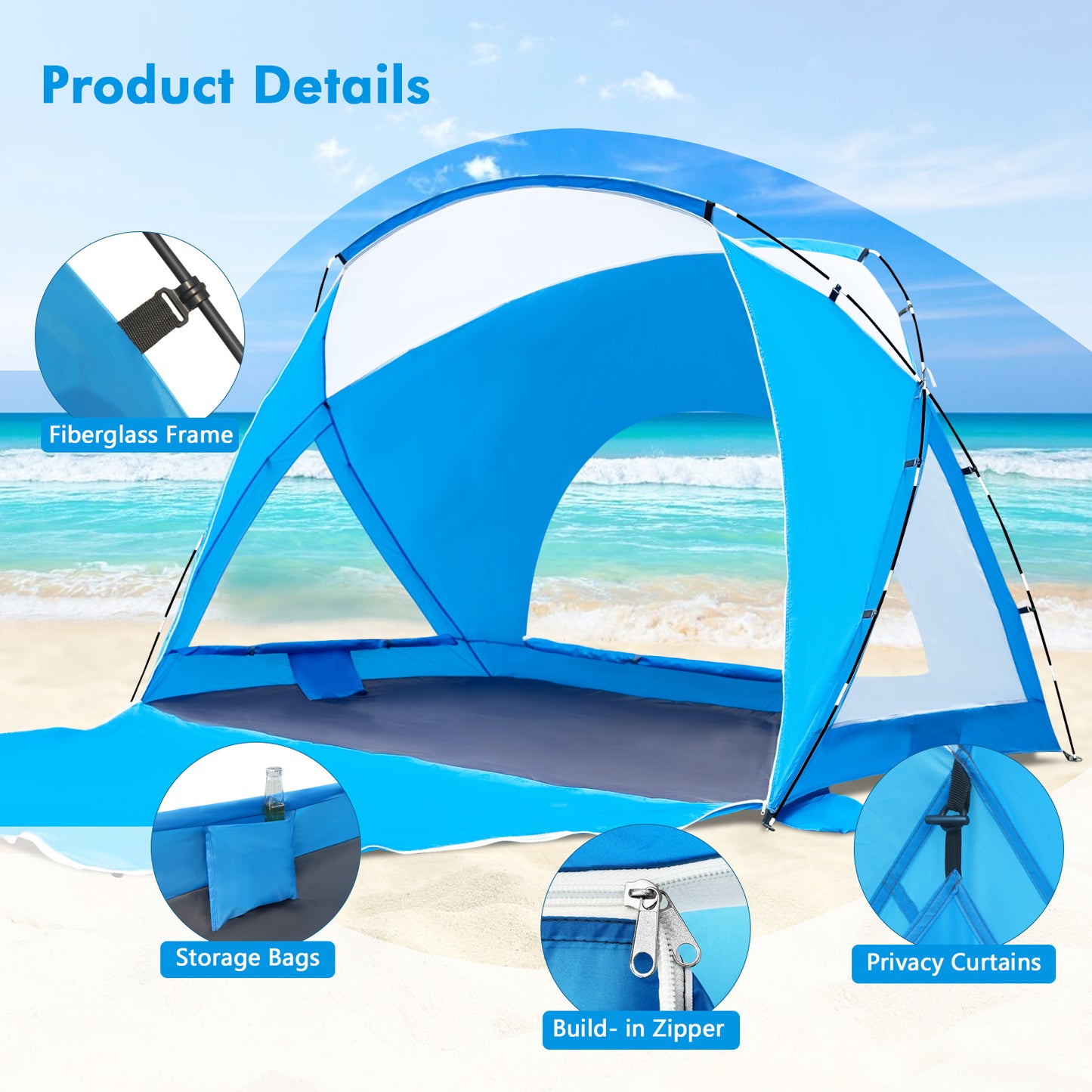 Calen Beach Tent,Beach Canopy Shade Tent with UPF 50+UV Protection for 3-4 Person, Waterproof Portable Easy Setup Beach Sun Shelter Tent for Outdoor Adventures, Camping, and Picnics with Carrying Bag